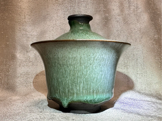 Jade-like green glaze green hare’s fur pattern with glaze tears 2-piece Gaiwan set, JiPeiFu