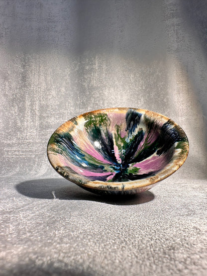 Purple green magenta mountain river scenery glaze official’s hat shape cup by YouChao