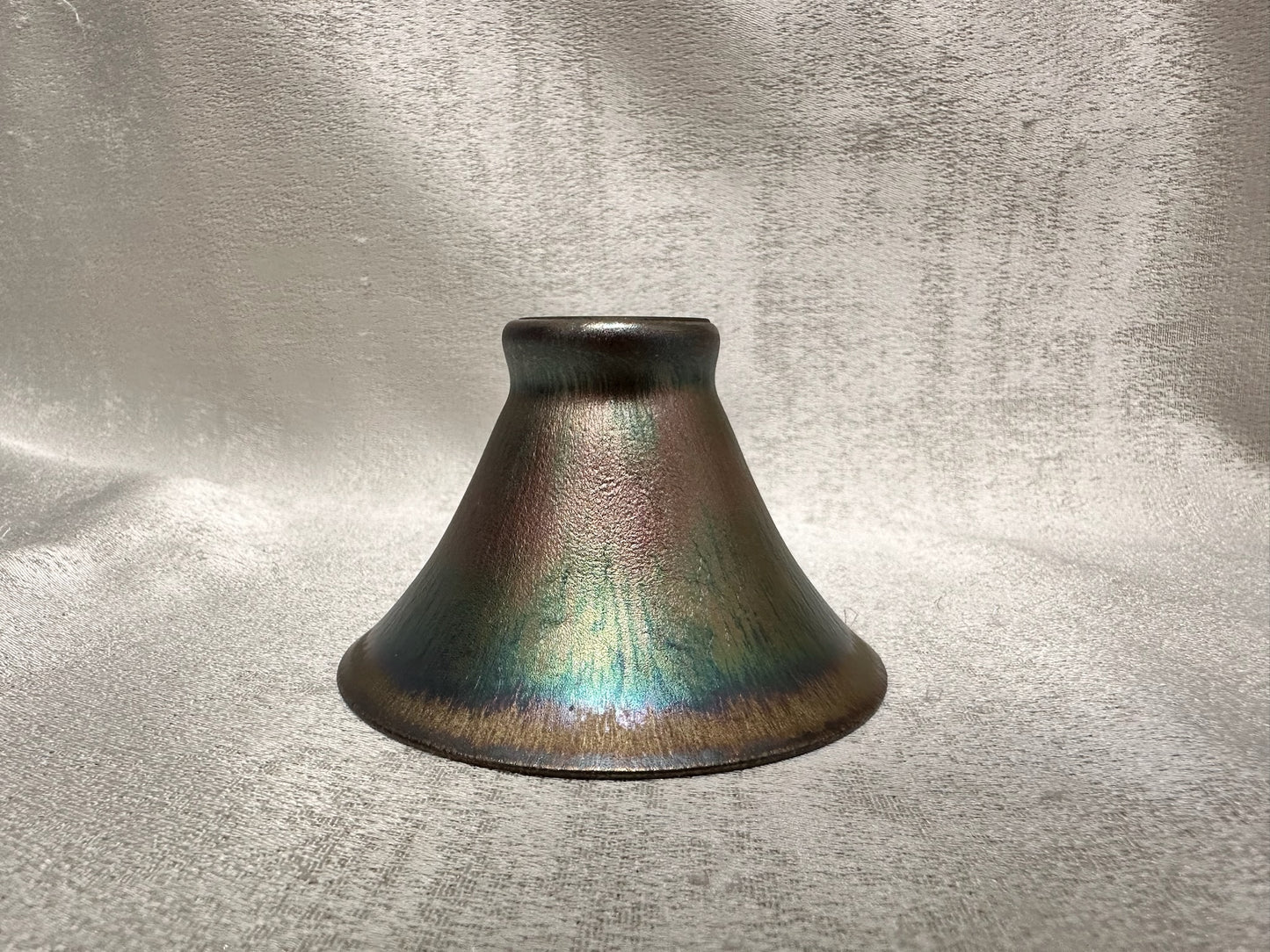 Super thin iron-rich clay body, rose gold glaze multi colored hare’s fur flared mouth shape cup