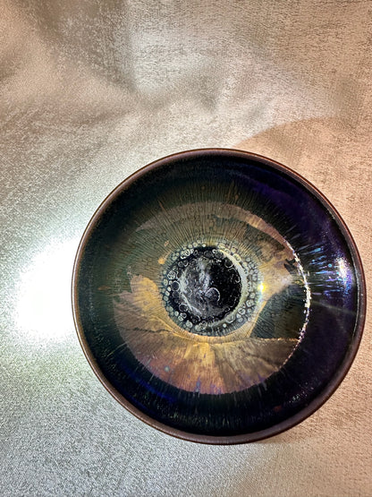 Black glaze metallic multi colored rabbit fur and oil droplet pattern flat mouth shape cup