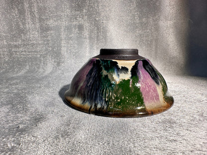 Purple green magenta mountain river scenery glaze official’s hat shape cup by YouChao