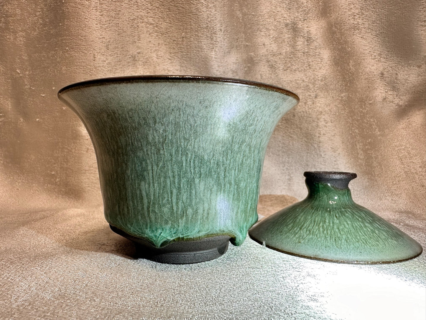 Jade-like green glaze green hare’s fur pattern with glaze tears 2-piece Gaiwan set, JiPeiFu