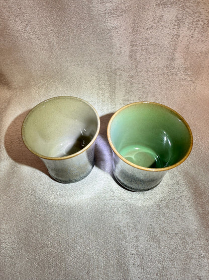 Double sided glaze, interior jade-like glaze exterior black glaze silver oil droplet sake wine cup set