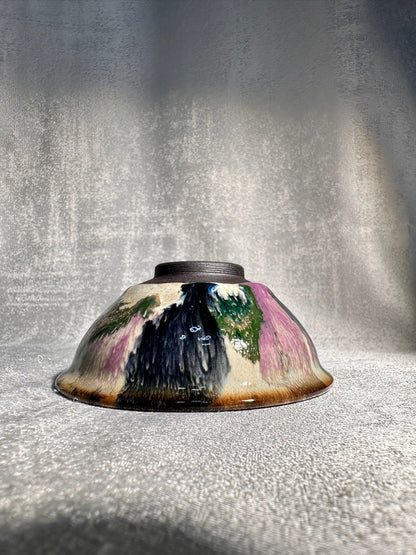 Purple green magenta mountain river scenery glaze official’s hat shape cup by YouChao