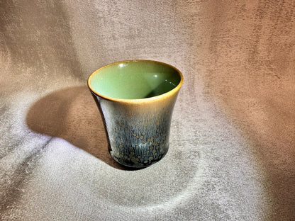 Double sided glaze, interior jade-like glaze exterior black glaze silver oil droplet sake wine cup set