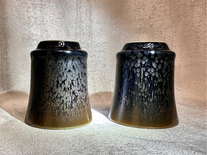 Double sided glaze, interior jade-like glaze exterior black glaze silver oil droplet sake wine cup set