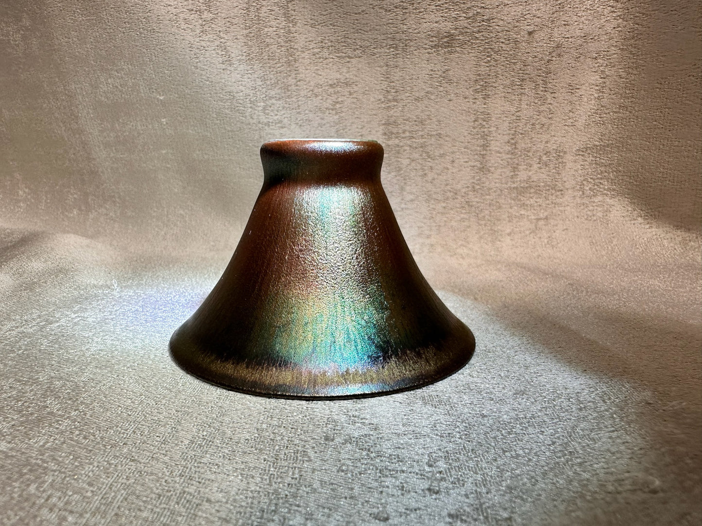 Super thin iron-rich clay body, rose gold glaze multi colored hare’s fur flared mouth shape cup