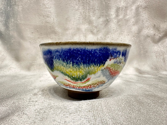 White glaze kiln transformed multi colored mountain flower grass scenery tied mouth shape cup