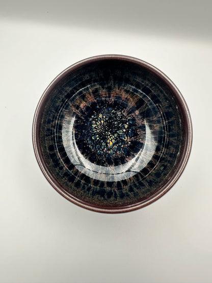 Black glaze kiln transformed multi-colored partridge pattern zen bowl shape cup with 5 glaze drips, LiuYouLiang