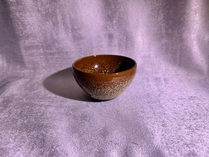 Cup1-Brown jade-like glaze daisy oil droplets pattern ice crackles monk bowl shape cup 古潭花 by WangZhangLiang