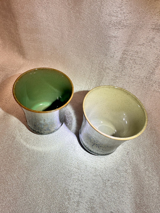 Double sided glaze, interior jade-like glaze exterior black glaze silver oil droplet sake wine cup set