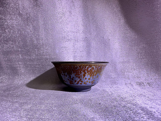 Cup3-Mirror-like silver glaze orange yellow golden oil droplets and hare’s fur pattern palace bowl shape cup, Yongle handpress cup