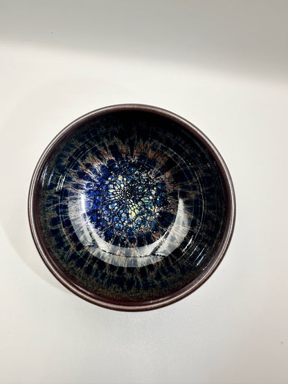 Black glaze kiln transformed multi-colored partridge pattern zen bowl shape cup with 5 glaze drips, LiuYouLiang