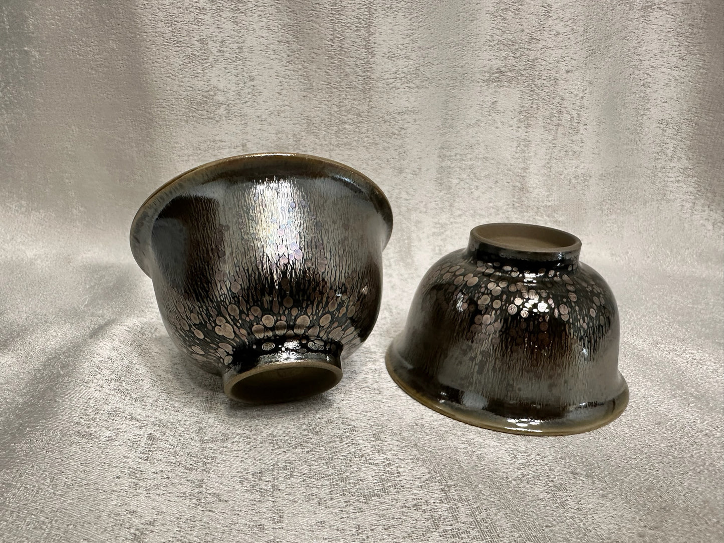 Double sided glaze, interior jade-like glaze exterior black glaze silver oil droplet tea cup set, YouBinFu