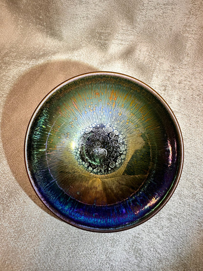 Black glaze metallic multi colored rabbit fur and oil droplet pattern flat mouth shape cup