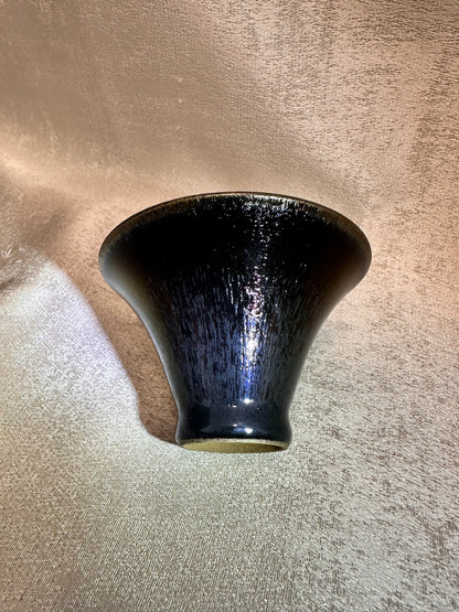 Super thin iron-rich clay body, obsidian glaze black hare’s fur flared mouth shape cup