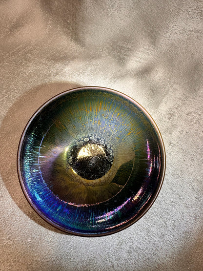 Black glaze metallic multi colored rabbit fur and oil droplet pattern flat mouth shape cup