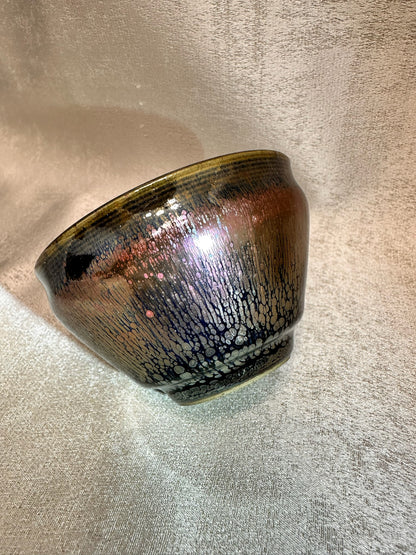 Black gold glaze rose gold multi colored oil droplet pattern tied mouth shape cup