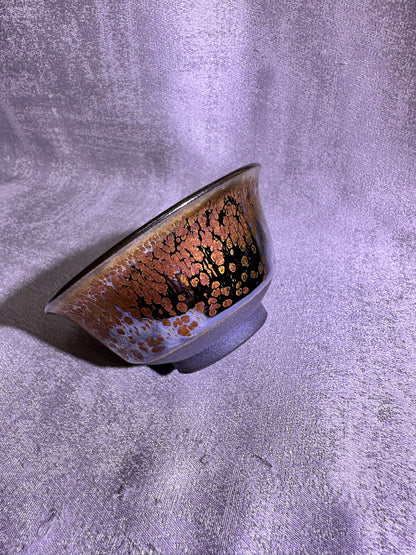 Cup3-Mirror-like silver glaze orange yellow golden oil droplets and hare’s fur pattern palace bowl shape cup, Yongle handpress cup