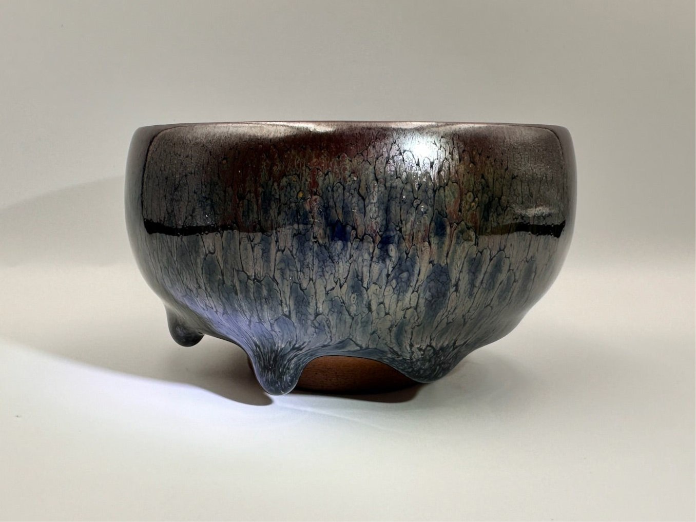 Black glaze kiln transformed multi-colored partridge pattern zen bowl shape cup with 5 glaze drips, LiuYouLiang