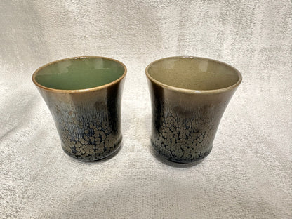 Double sided glaze, interior jade-like glaze exterior black glaze silver oil droplet sake wine cup set