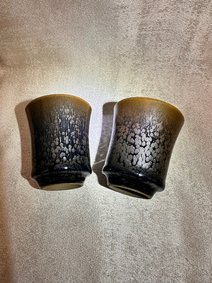 Double sided glaze, interior jade-like glaze exterior black glaze silver oil droplet sake wine cup set