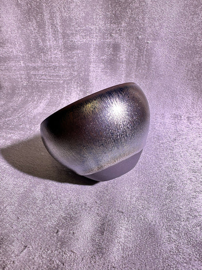 Cup22-Black glaze silver oil droplet hare’s fur pattern iridescent color monk bowl shape cap by YeShiMing