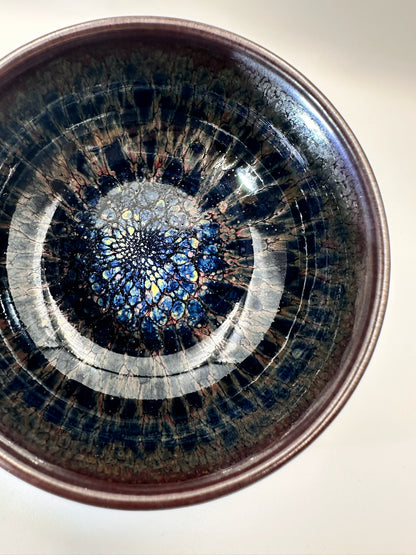 Black glaze kiln transformed multi-colored partridge pattern zen bowl shape cup with 5 glaze drips, LiuYouLiang