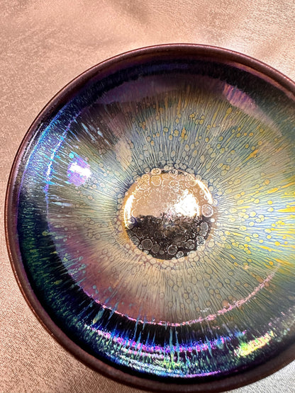 Black glaze metallic multi colored rabbit fur and oil droplet pattern flat mouth shape cup