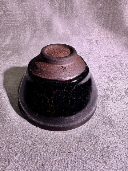 Cup2-Black golden glaze with brown hare’s fur and golden thread pattern, ox-blood rim tied-mouth shape cup