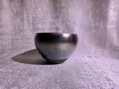 Cup22-Black glaze silver oil droplet hare’s fur pattern iridescent color monk bowl shape cap by YeShiMing